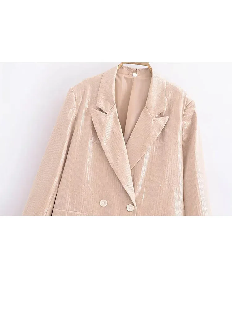 HH TRAF Spring Chic Sequins Blazer for Woman Fashion Turn Down Collar Long Sleeves Jackets Pockets Oversize Female Casual Coats
