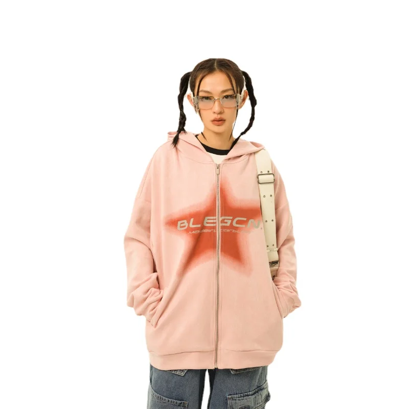 Sweater Coat Women's Vintage Suede Pink Spring and Autumn American Large Size Hooded Cardigan Trendy Zipper Hooded Loose
