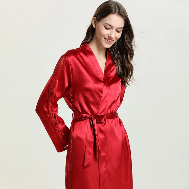 Solid Color Nightgown Long Sleeve Cardigan Lace up Sleepwear Imitation Silk Pajamas Thin Simple Bathrobe Women's Home Clothing