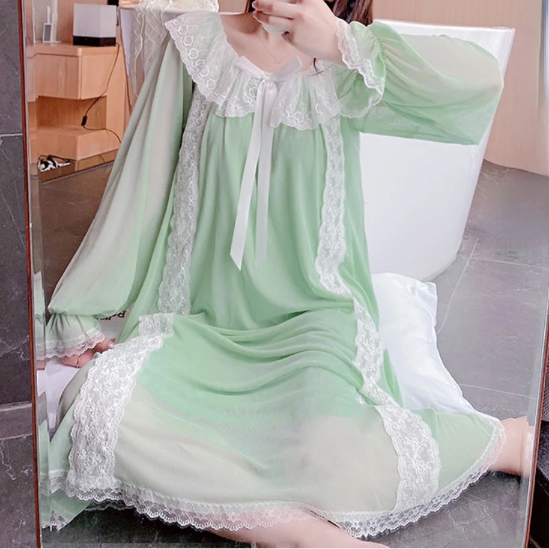 

Mesh Long Sleeve Fairy Night Dress Women Romantic Nightgowns Vintage Lolita Nightie Princess Sleepwear Victorian Lace Peignoir