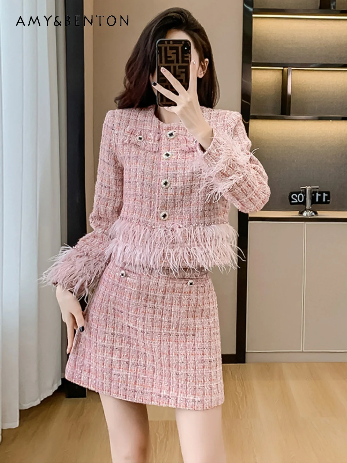 

Elegant Socialite Pink Skirt Sets Spring New High-Grade Fashion Stitching Long-Sleeved Top Slim Mini Skirt Tweed Two-Piece Sets