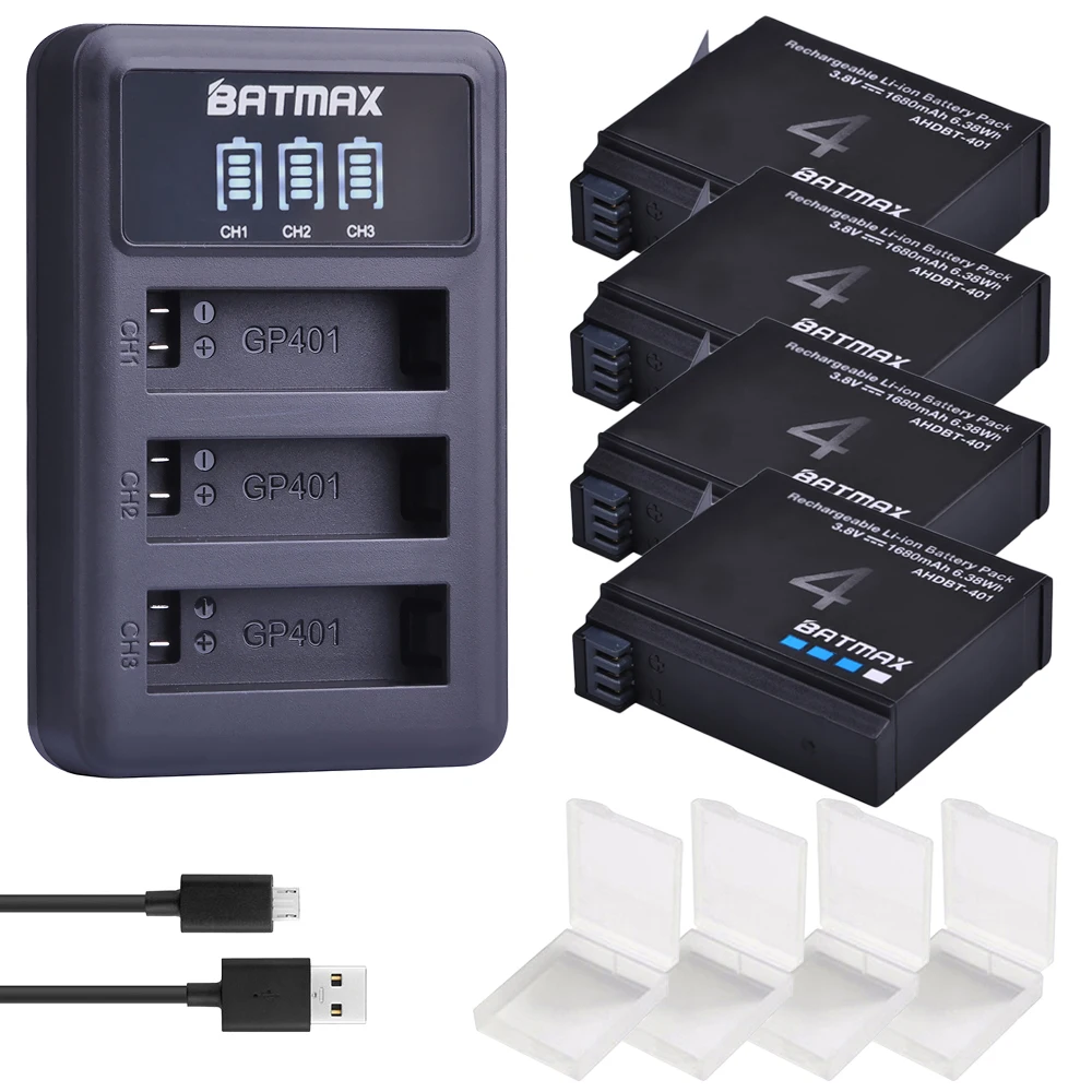 

Batmax 1680mAh Battery For Gopro Hero 4 Camera+LED 3-Slots USB Charger for Gopro Hero 4 Action camera Accessories AHDBT-401