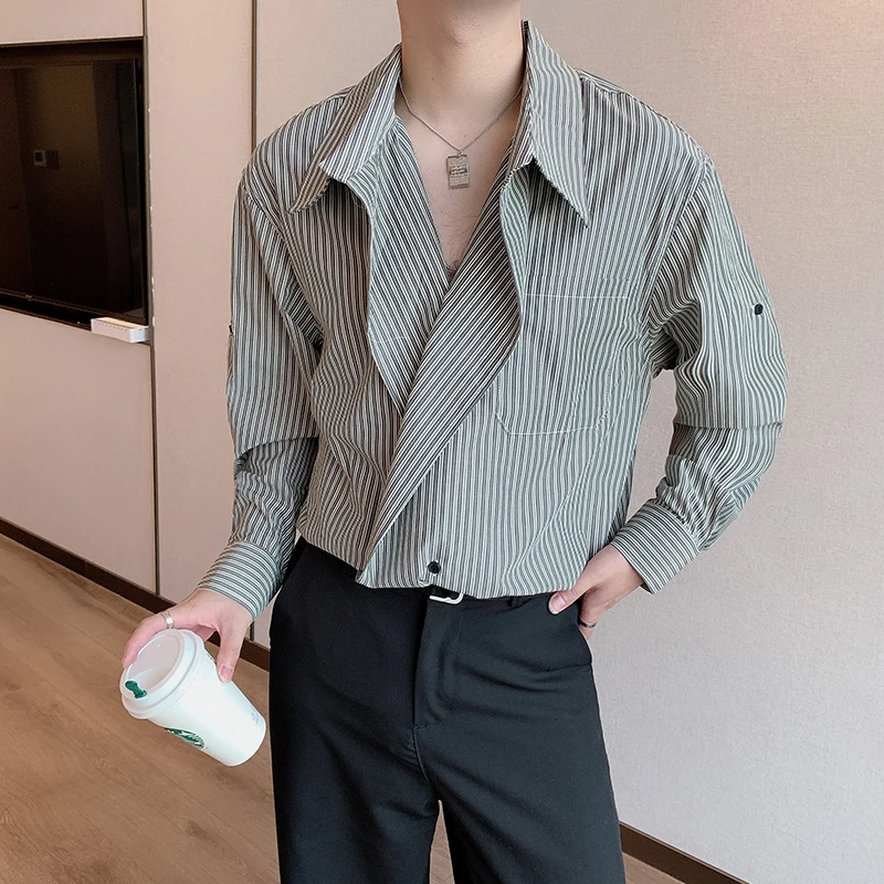 

Grey Striped Shirt Men Fashion Social Mens Dress Shirt Korean Loose Long Sleeved Shirt Mens Slim Fit Casual Shirts M-2XL