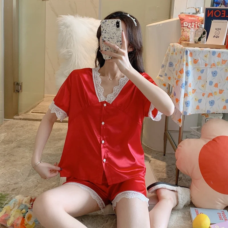 2024 new product trend pajamas sexy lace pure color pajamas women summer thin ice silk short-sleeved casual home service suit