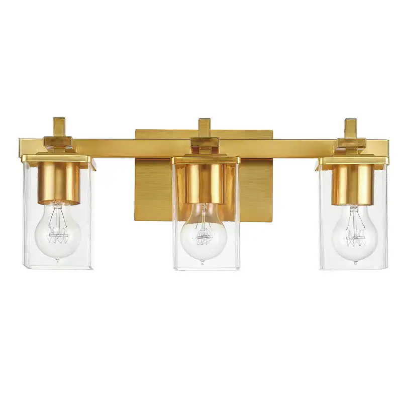 

Matte Brass Vanity Light with Dark Faux Wood Accents and Seeded Glass Shades, 65564