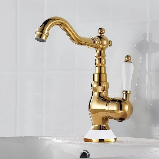 ทองเหลืองทองห้องน้ําอ่างล้างหน้าก๊อกน้ําดาดฟ้าติดตั้งเดี่ยวร้อนและเย็นผสมแตะGoldenก๊อกน้ําChrome 1