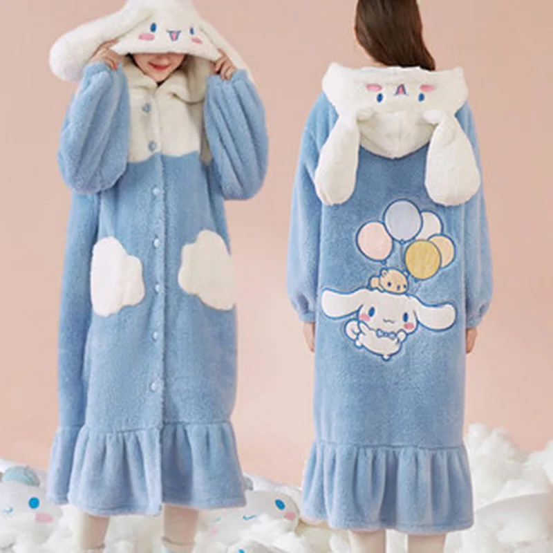 

Sanrio Hello Kitty Plush Pajamas Kuromi Cosplay Cinnamoroll Winter Extra Thick Coral My Melody Home Clothing Nightdress Suit