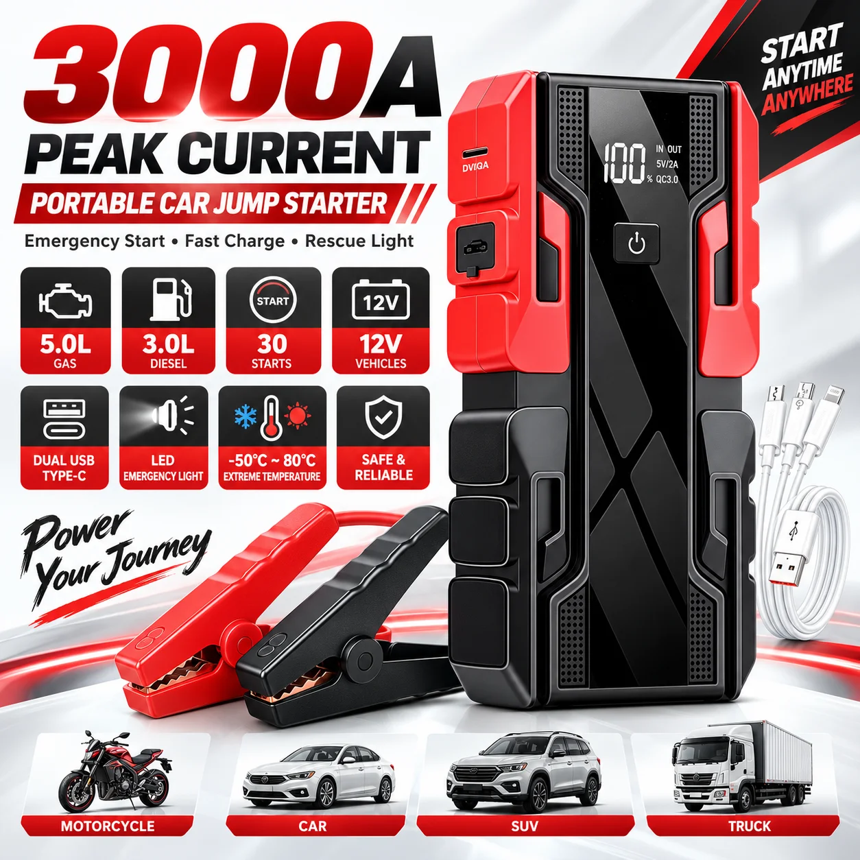 New 3000A 99800mAh 12V Car Jump Starter Car Battery Starters Portable Power Bank 12V Starting Device Booster Petrol Diesel Car