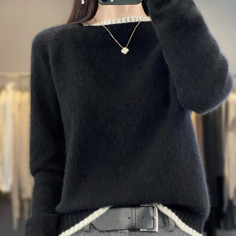 

Autumn and Winter New 100% Pure Cashmere Sweater Women's Round Neck Loose knit Sweater Color Matching Versatile Wool Underlay
