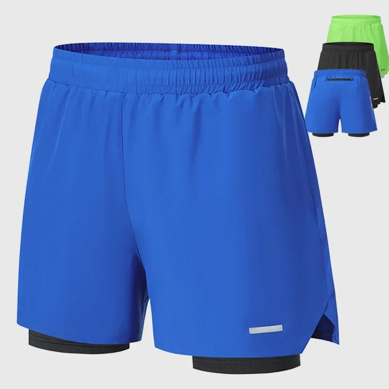 Summer Double Layer Sports Pants Fitness Running Shorts Underwear Quick Dry Mid-Length Pants False Two-Piece Design