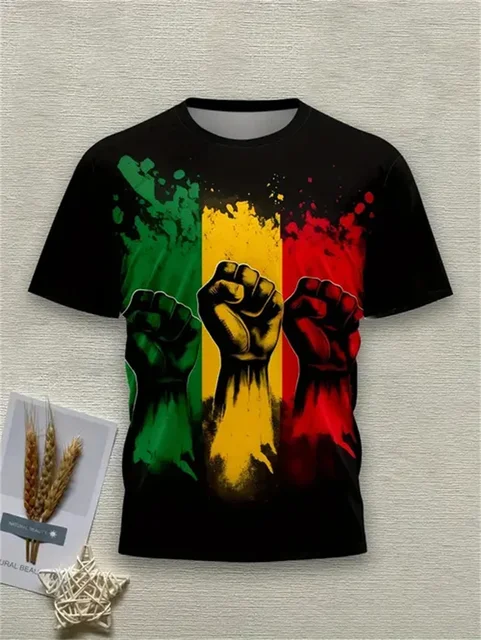 T-shirt pour homme noir à imprimé poing rouge jaune vert col rond manches courtes décontracté streetwear respirant 1