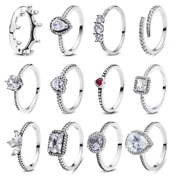 Original 925 Sterling Silver Ring Love Heart Pave CZ Crystal Stackable Rings For Women Wedding Engagement Birthday Gift Jewelry