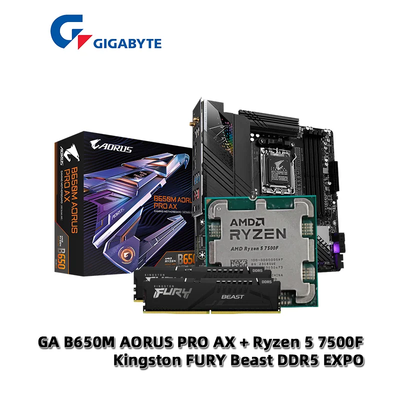 AMD Ryzen 5 7500F R5 7500F CPU + GA B650M AORUS PRO AX 마더보드 + Kingston FURY Beast DDR5 32G (16G * 2)5600 MHz EXPO RA