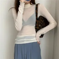 Sexy Women T Shirt See Through Transparent Mesh Tops Long Sleeve Sheer Slim Ladies Solid Turtleneck Silk T-Shirt Lace Crop Top - Image 5
