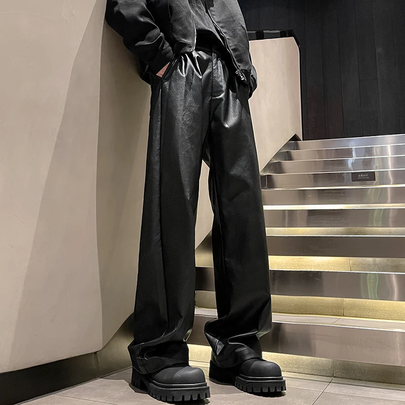 

Fashion Black Faux Leather Pants For Men Elastic Waist Hip Hop Oversize Man Pants Windproof Vintage Straight Toursers Male