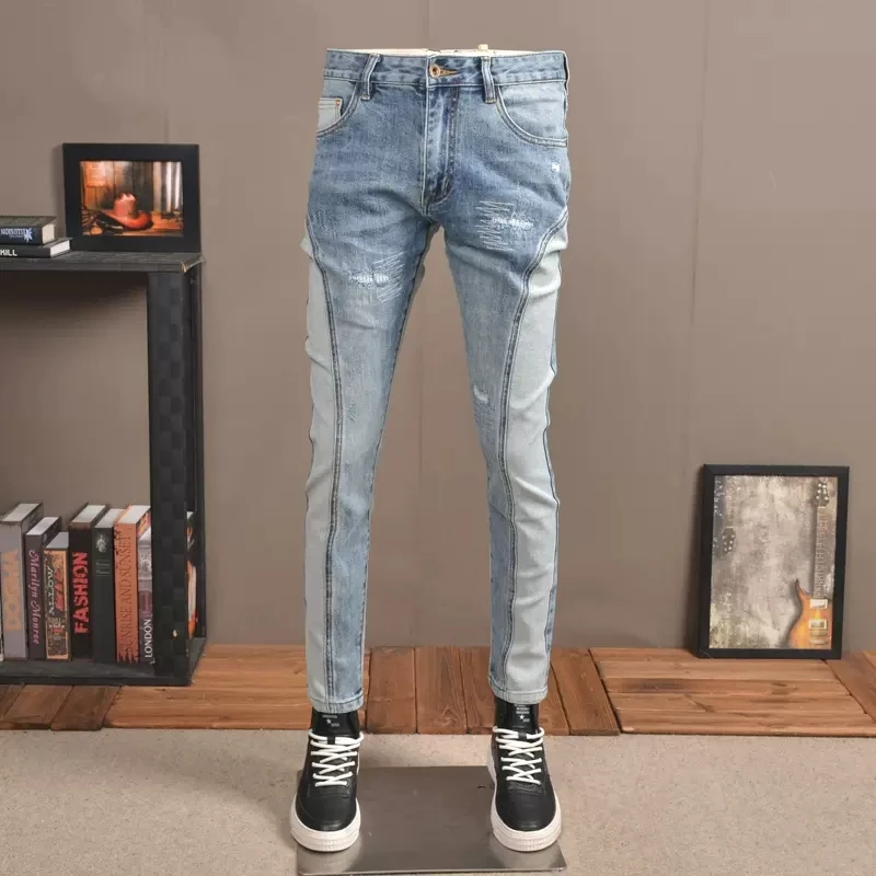 Fashion Streetwear Men Jeans Retro Light Blue Spliced Designer Slim Fit Ripped Jeans Men Embroidery Stretch Hip Hop Pants Hombre streetwear fashion men jeans retro blue spliced designer slim fit ripped biker jeans homme embroidery hip hop denim pants men