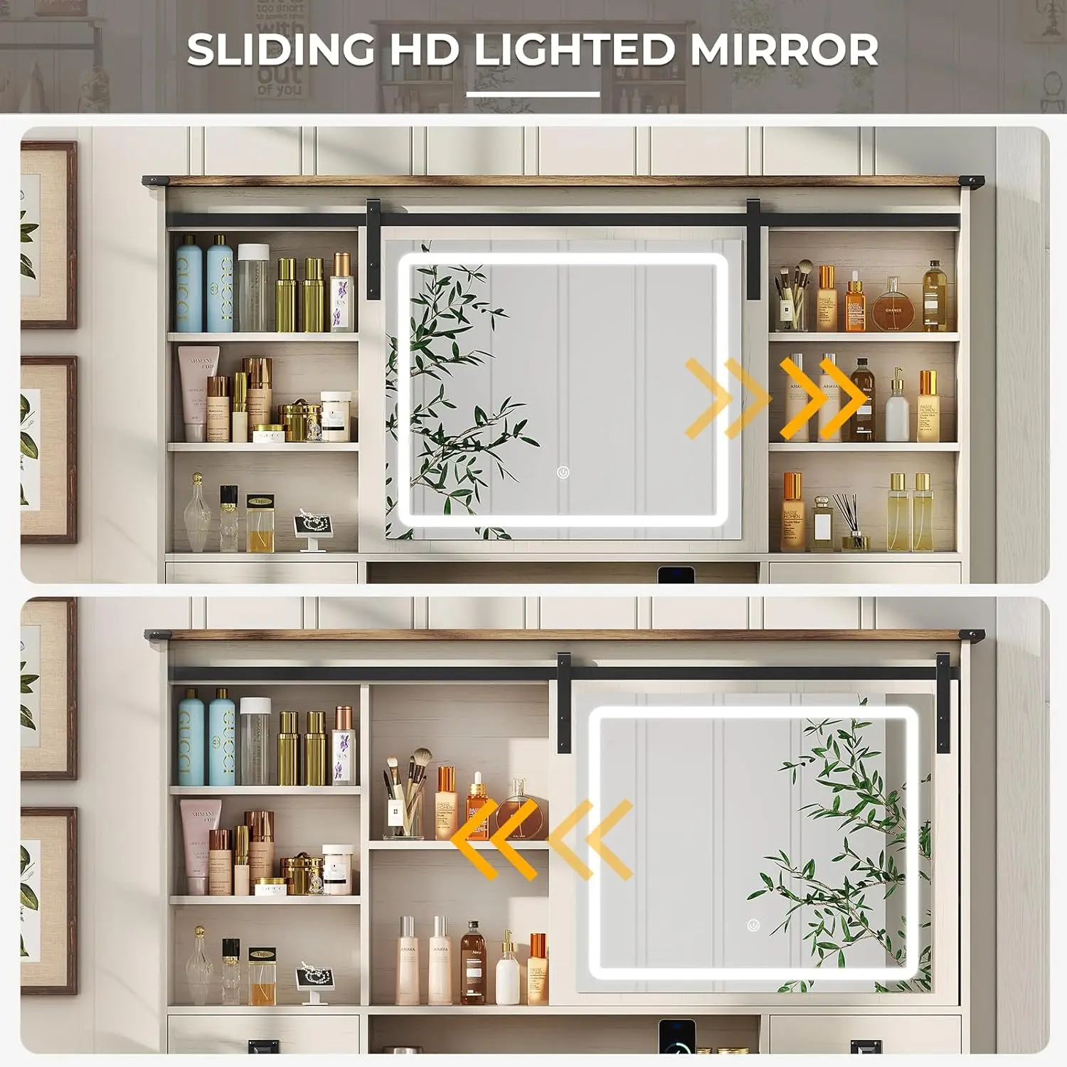 Farmhouse Makeup Vanity Desk – Sliding Mirror with Lights 6