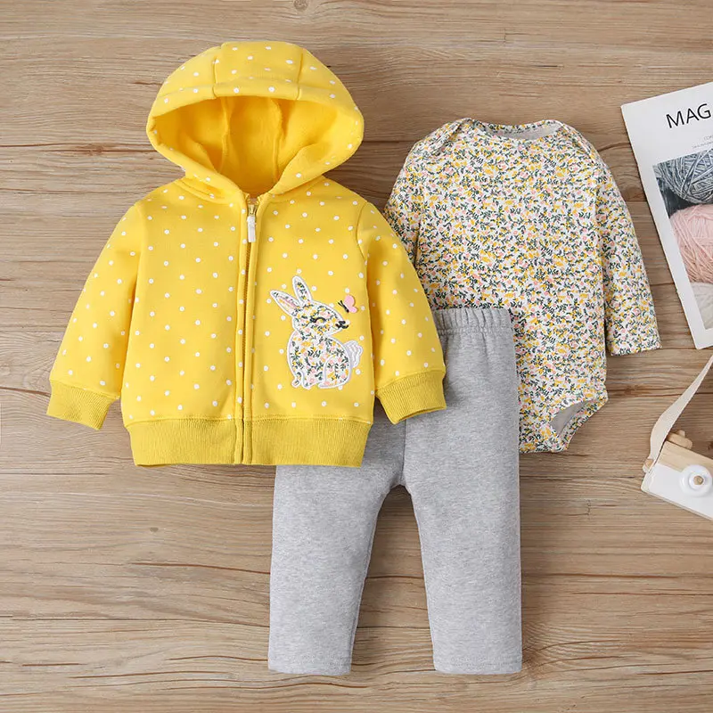 Neonato neonata ragazzo vestiti set primavera autunno cotone manica lunga cappotto con cappuccio + pagliaccetto + pantaloni 3 pezzi vestiti caldi per bambini - immagine 2
