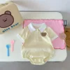 2025 Summer Toddler Baby Girls Romper Turndown Collar Short Sleeve Cartoon Bear Solid Cotton Triangle Infant Girls Bodysuit 3