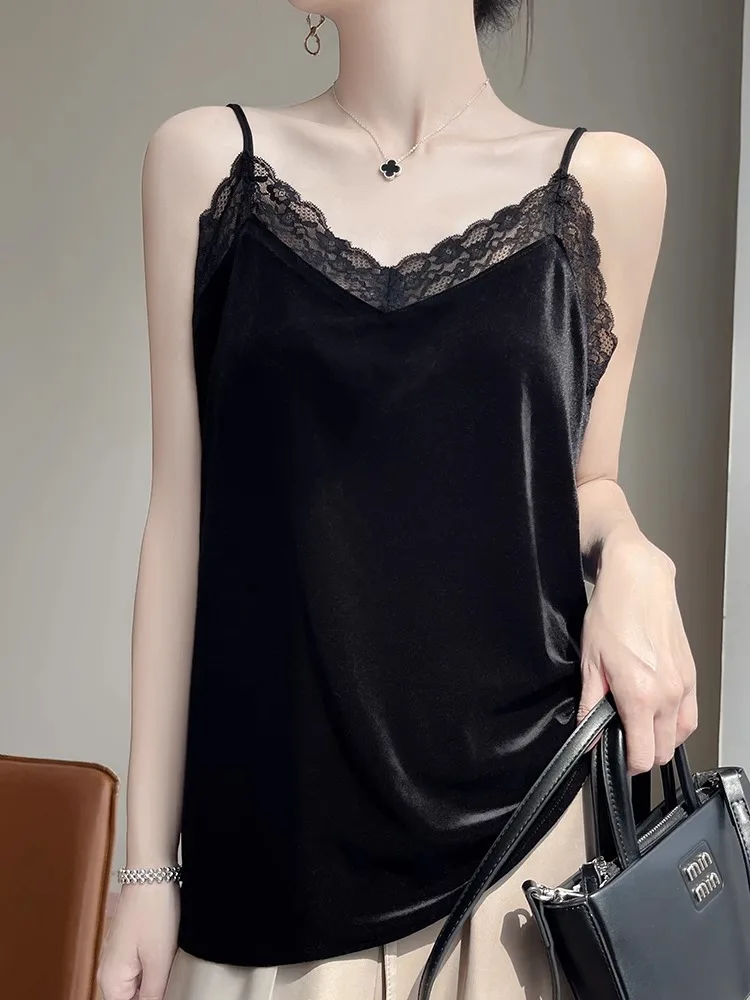 Velvet Strap Vest Sexy Inner Wear Bla Lace Trim Splice V-ne 2025 Summer Base Mom's Women's Top Lace Trim Splice Vest
