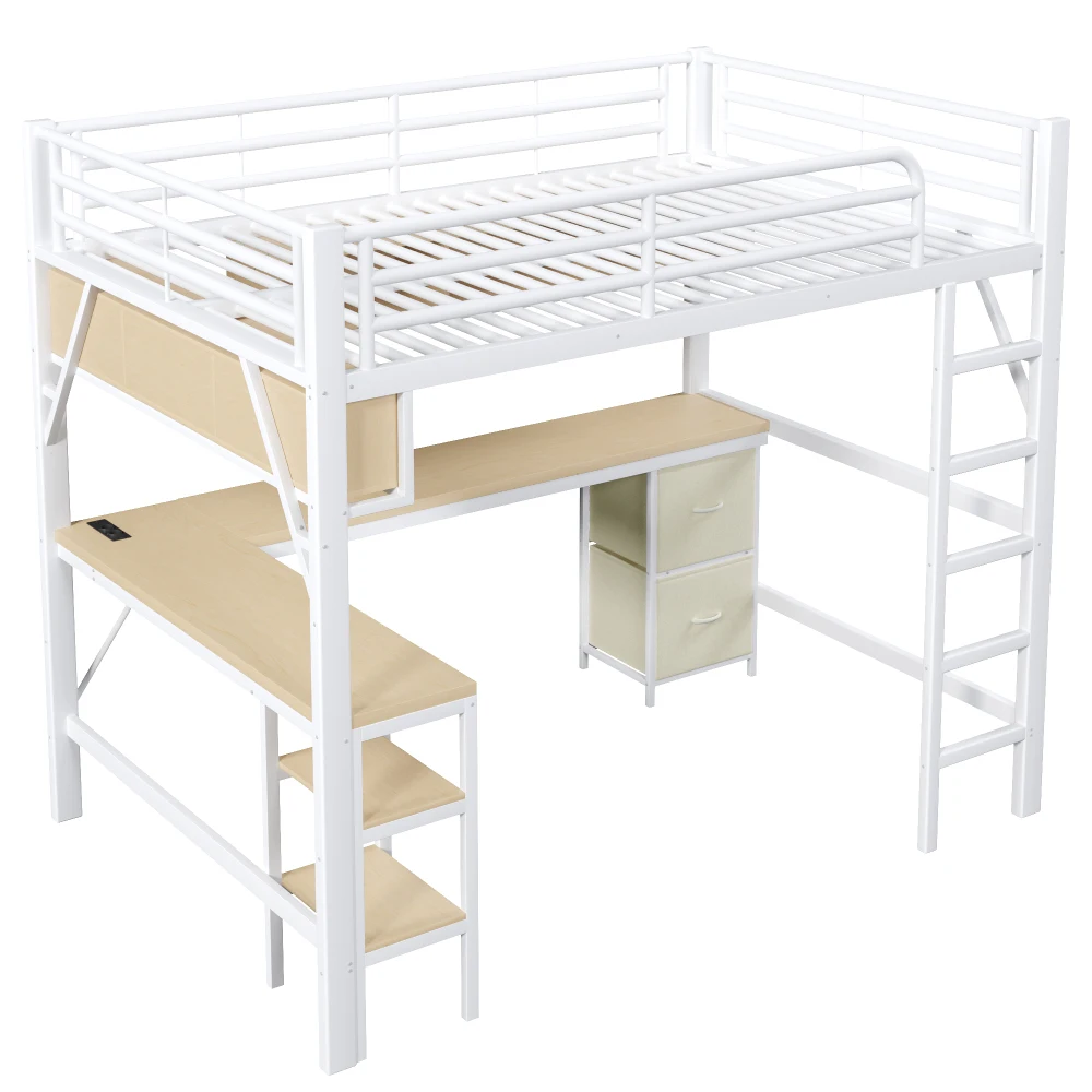 140 x 200 cm modernes Metall-Hochbett für Spiele mit Bücherregal, Kinder-Etagenbett mit Schreibtisch und Kleiderschrank, USB- und LED-Beleuchtung, weiß – Detail 15
