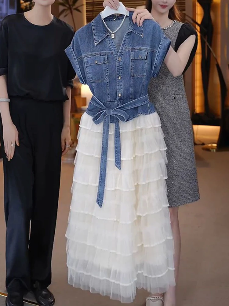 مزاجه الدنيم الأعلى مع حزام الدانتيل شبكة تنورة قطعتين مجموعة الكورية ركاب نمط أزياء فستان قصير الأكمام مجموعات للنساء