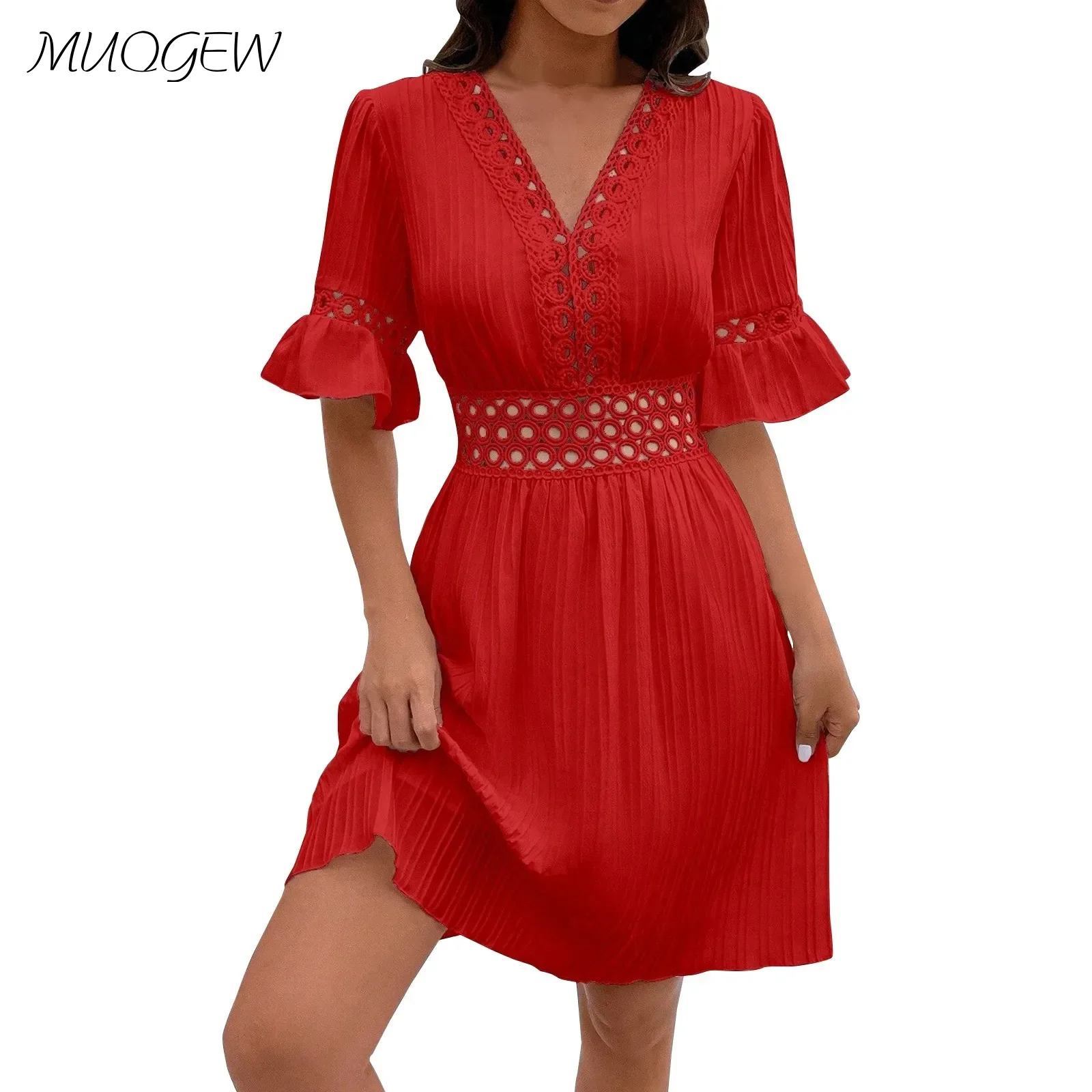

Women'S Dress Petal Half Sleeve Hollow Out Lace Fashionable Dress V-Neck Waist Cinching 2024 Summer New Solid Color Dress