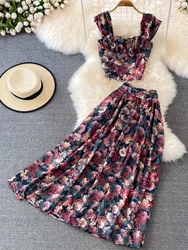 Women Summer Retro Floral Print Skirt Set Sexy Sleeveless Short Strap Tops & High Waist Pleated Skirt Two Piece Suits