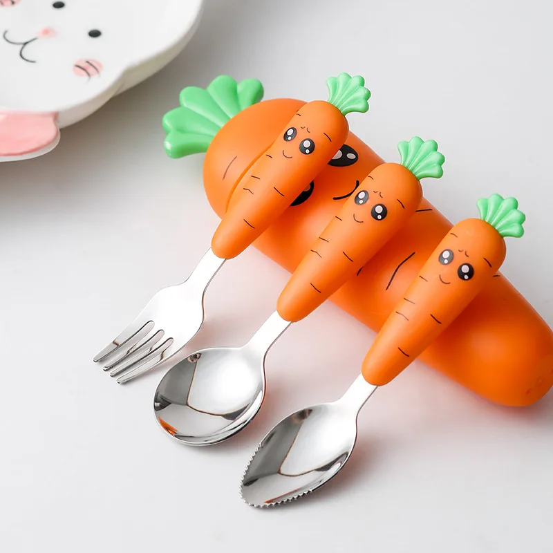 1PC/1set carrot set children's tableware stainless steel spoon and fork cutlery box baby feeding kitchen tableware supplies