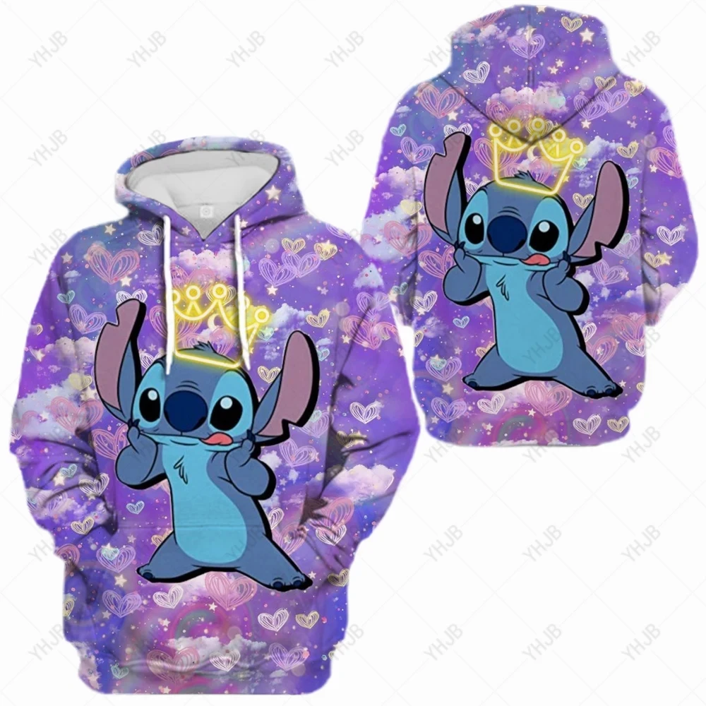 Disney-Women's Stitch Print Hoodie, Desenhos animados Anime, moletom extragrande, Loose Crewneck Hoody, Crewneck Pullover