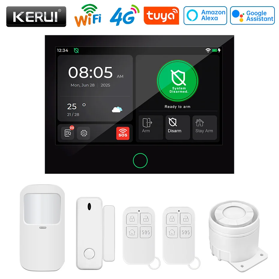KERUI 4G WiFi GSM Wireless Home Alarm System GSM 7-inch IPS Large Touch Panel Screen Tuya Smart APP Security  Burglar Alexa