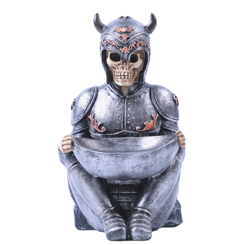 

for Warrior Skeleton Skull Jewelry Ring Holder Stand with Tray Trinket Holder Candlestick Desktop Ornam