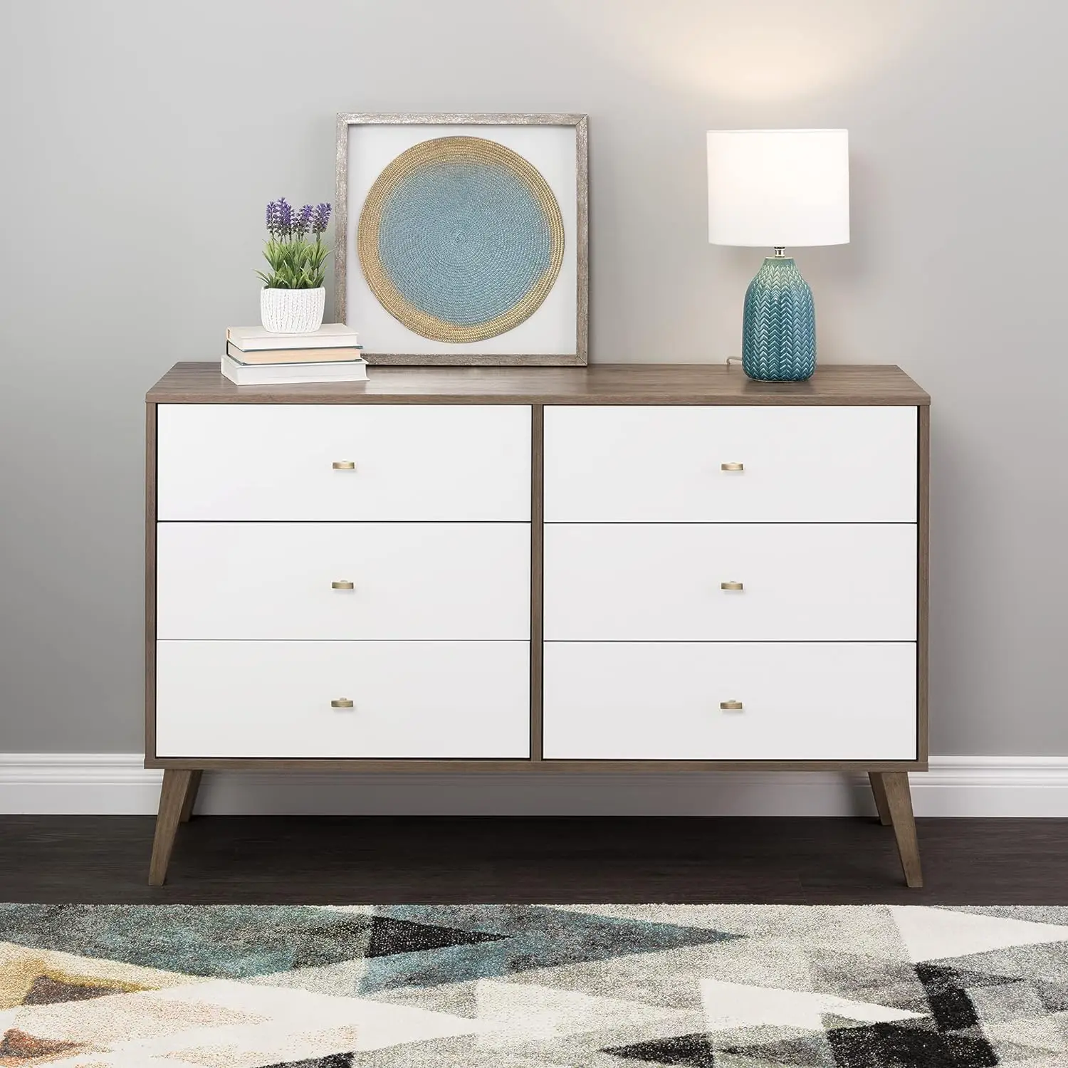 

Prepac Milo Mid-Century 6 Drawer Dresser For Bedroom, 16" D x 52.50" W x 33" H, Brown/White