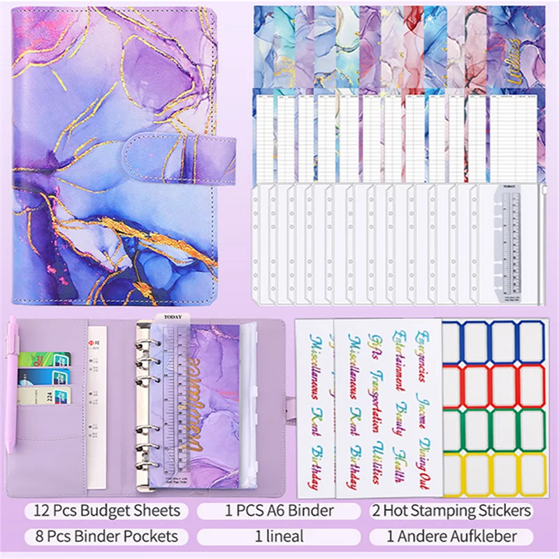 

Colorful A6 PU Binder Budget Planner Notebook Covers Folder 6 Hole Binder Pockets Plastic Binder Zipper Money Saving Envelope