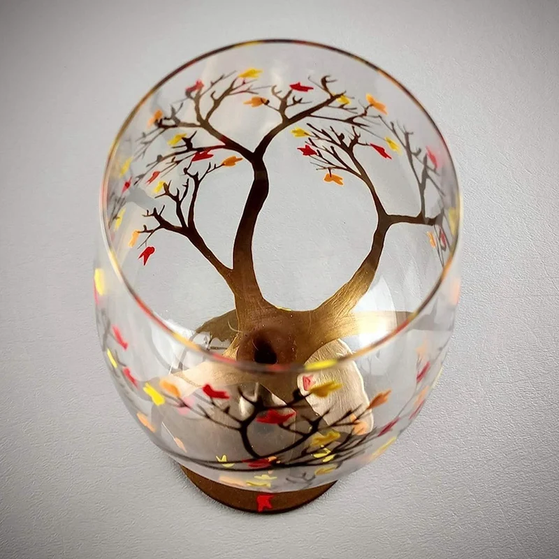 AEE4-Autumn Tree Wine Glass-Fall Colors-Leaves Of Red, Yellow, Orange Hand Painted Fall Leaf
