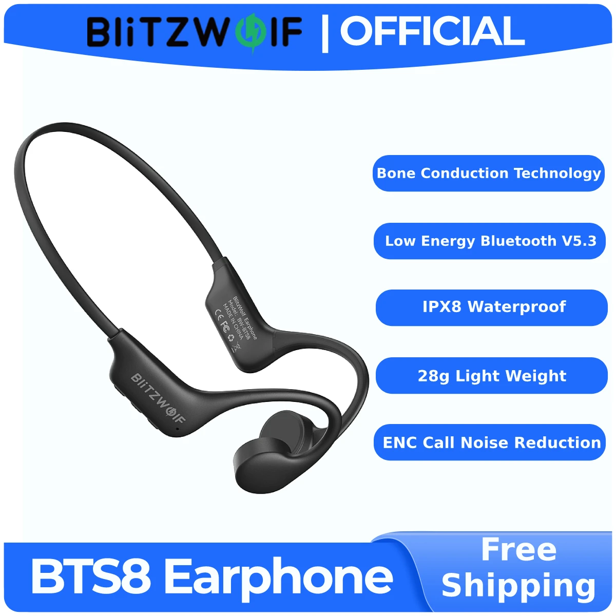 

BlitzWolf BW-BTS8 bluetooth Earbuds Bone Conduction Earphone Built-in 32GB Memory IPX8 Waterproof Low Latency Sport Headphone