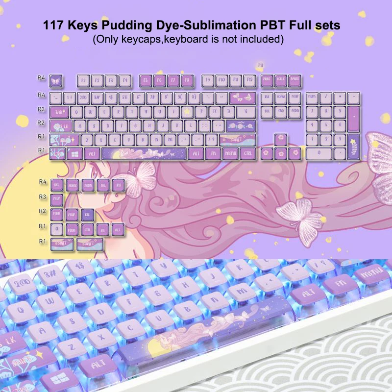 

117 Keys Purple Moon Theme Pudding PBT Keycaps Crystal Transparent ASA Profile for Cherry MX Switches Mechanical Gamer Keyboard
