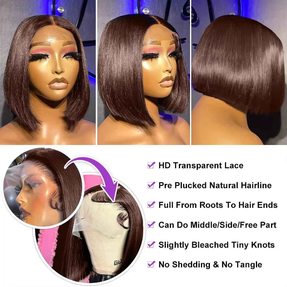 220% HD 13x4 13x5 Chocolate Brown Bone Straight Short Bob Lace Frontal Human Hair Wigs Transparent Pre Plucked Lace Front Wig 4