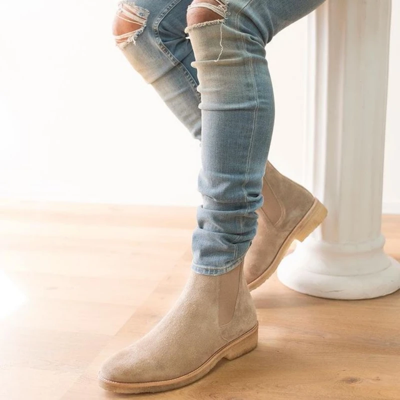 Genuine Leather Chelsea Boots for Men Cow Suede Business Square Toe