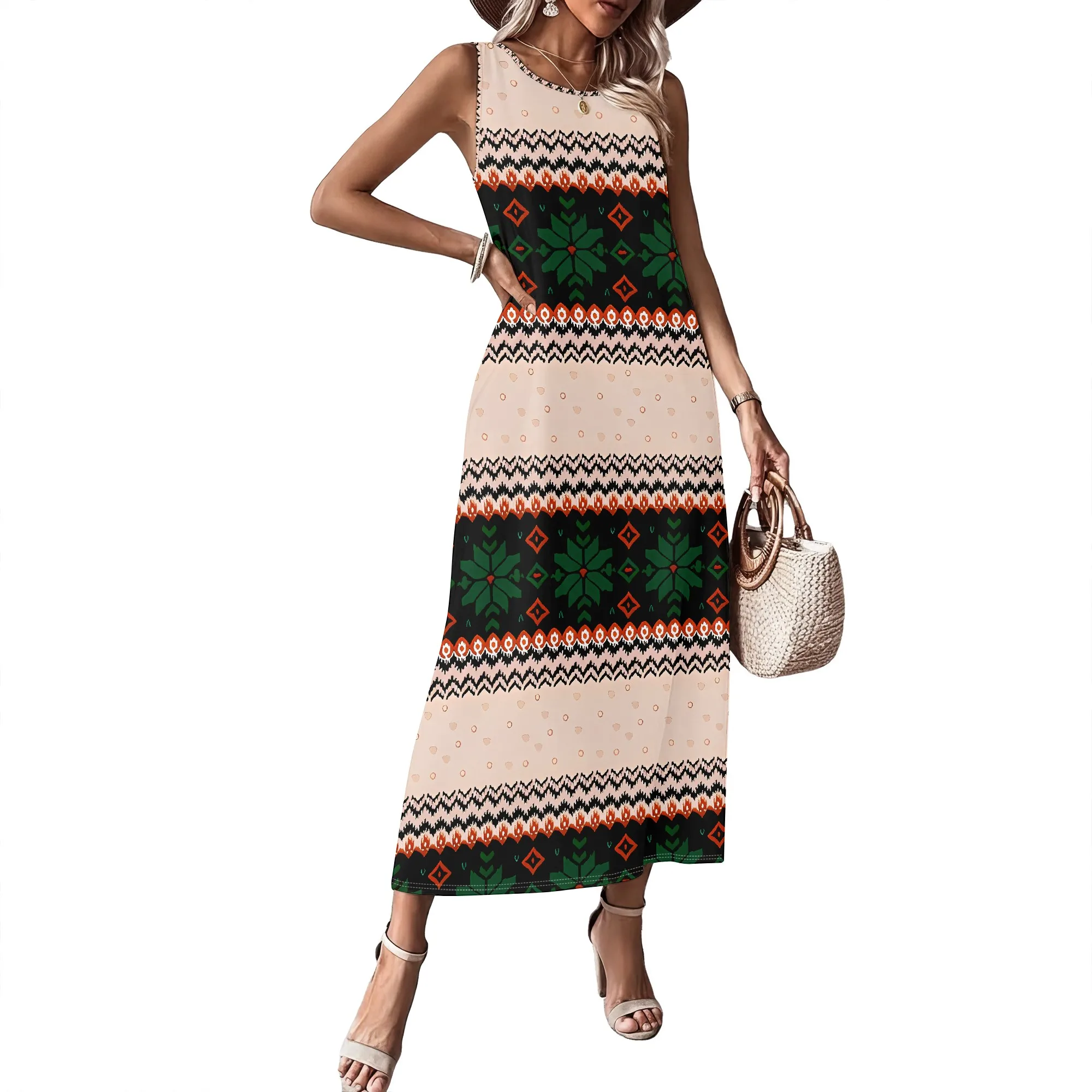Ärmelloses Sommerkleid für Damen mit Rundhalsausschnitt, 3D-Modisch Bedrucktes Langes Swing-Kleid – Detail 9