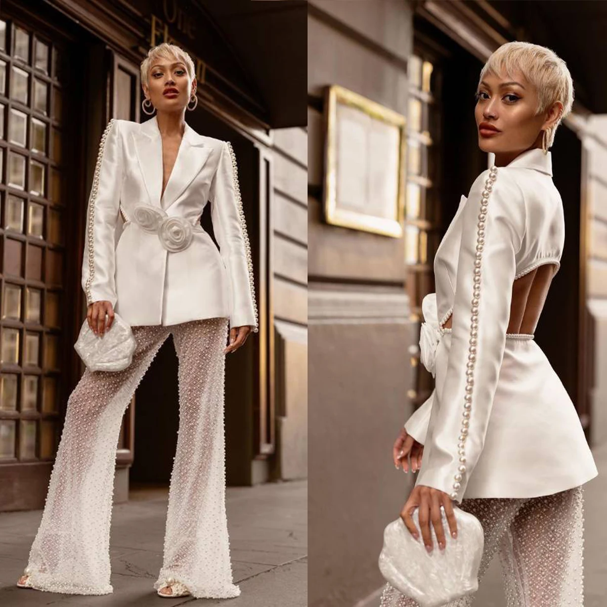 Fashion Women Suit Pearls 3D-Flower Lady Set V-Neck Slim Fit Backless Long Sleeves Coat 2 Pcs Coat Pants