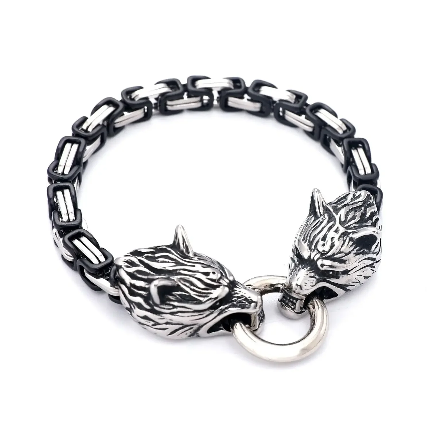 

CHUANGCHENG Stainless Steel Vintage Viking Fenrir Wolf Head Byzantine Bracelet for Mens Chains Jewelry
