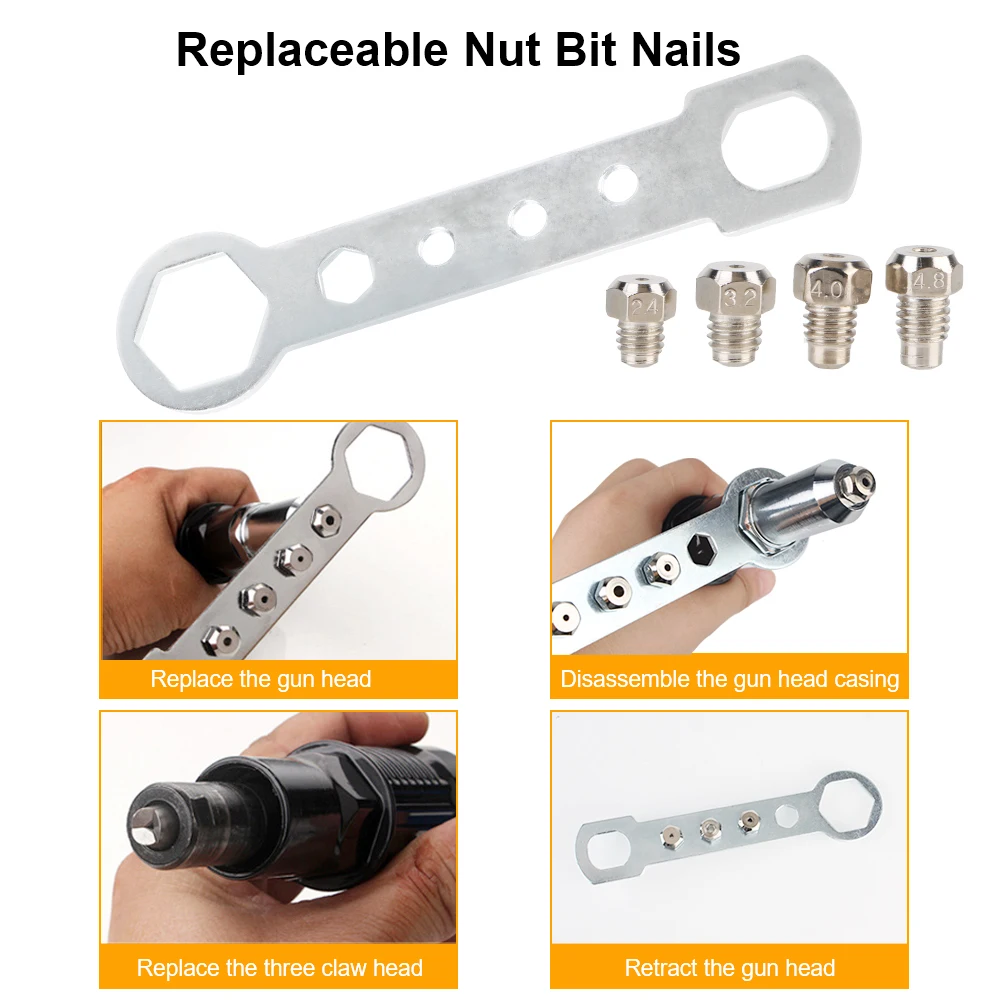 Riveting Nut Gun Adapter Universal With Replaceable Nut Bit Nail Set 2.4mm-4.8mm 3pcs/set Electric Rivet Gun Connector rivet gun rivet gun set rivet gun part
