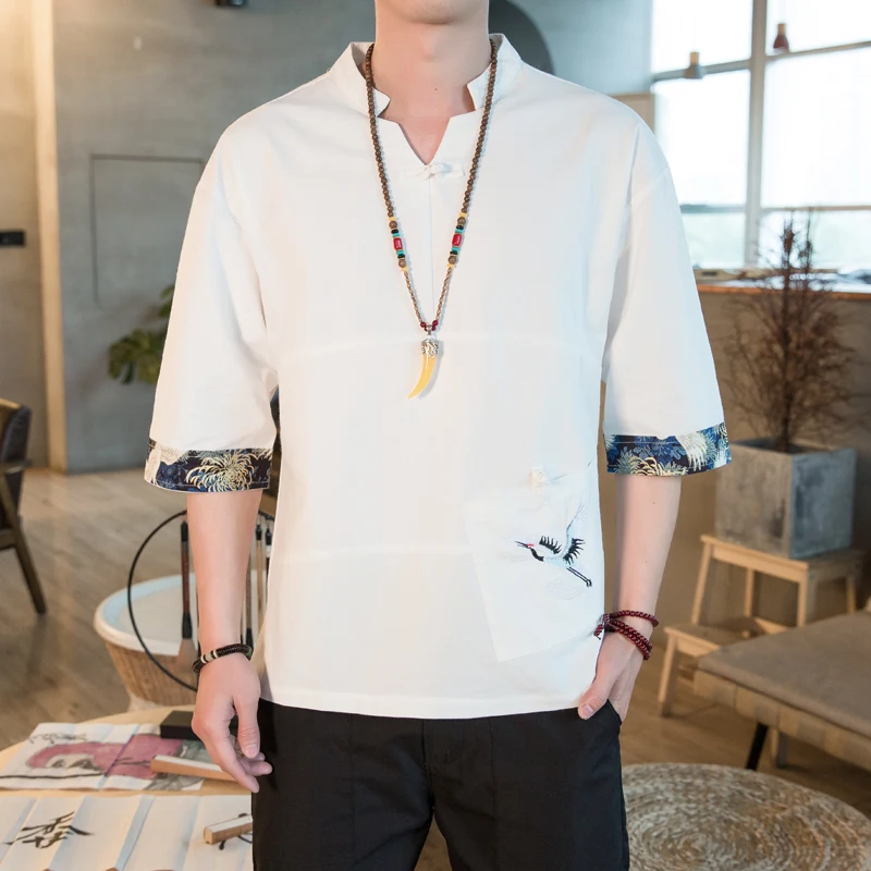 

2024 New Men's Casual Blouse Cotton Linen Shirt Loose Tops Short Sleeve Chinese Clothing Summer Casual Handsome Men's Hanfu Coat