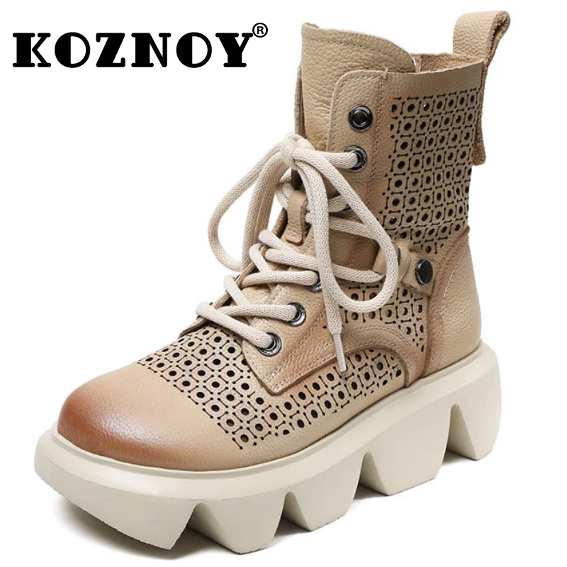 

Koznoy 5cm Motorcycle Boots Summer Hollow Moccasins Fashion Sandals Openwork Genuine Leather Woman Boot Ankle Breathable Shoes