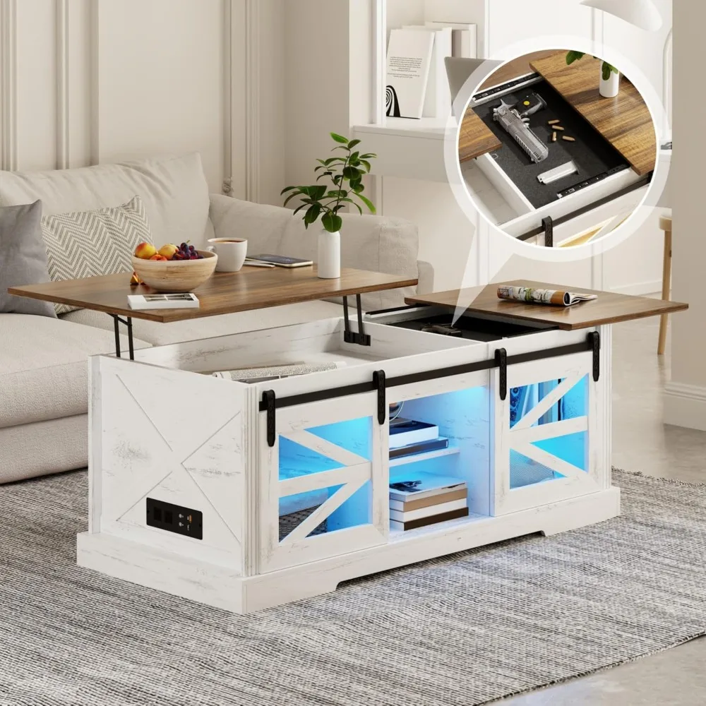 Lift Top Coffee Table with Gun Cabinet, 2 Sliding Barn Doors-Large Storage and 3 Color LED Lights fit, Café Tables 3