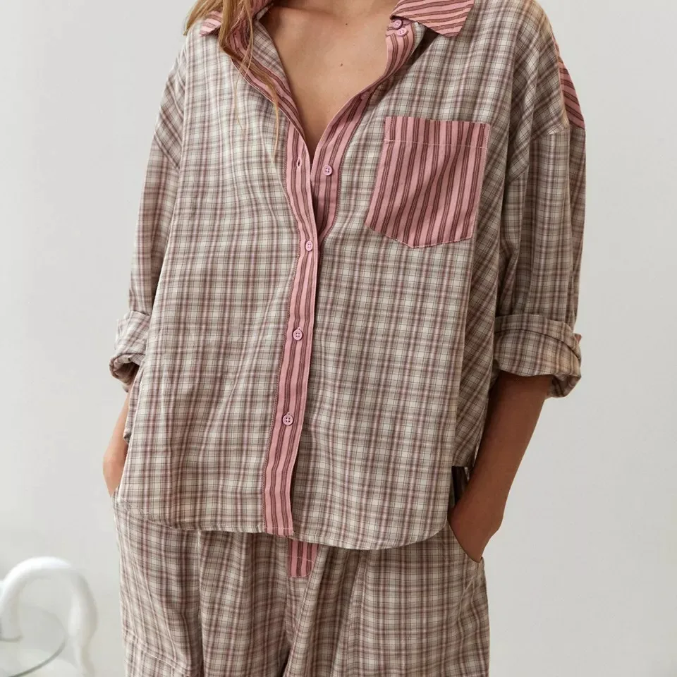 2024 new autumn women's casual home wear plaid shirt set pajamas long sleeves albornoces pijama feminino