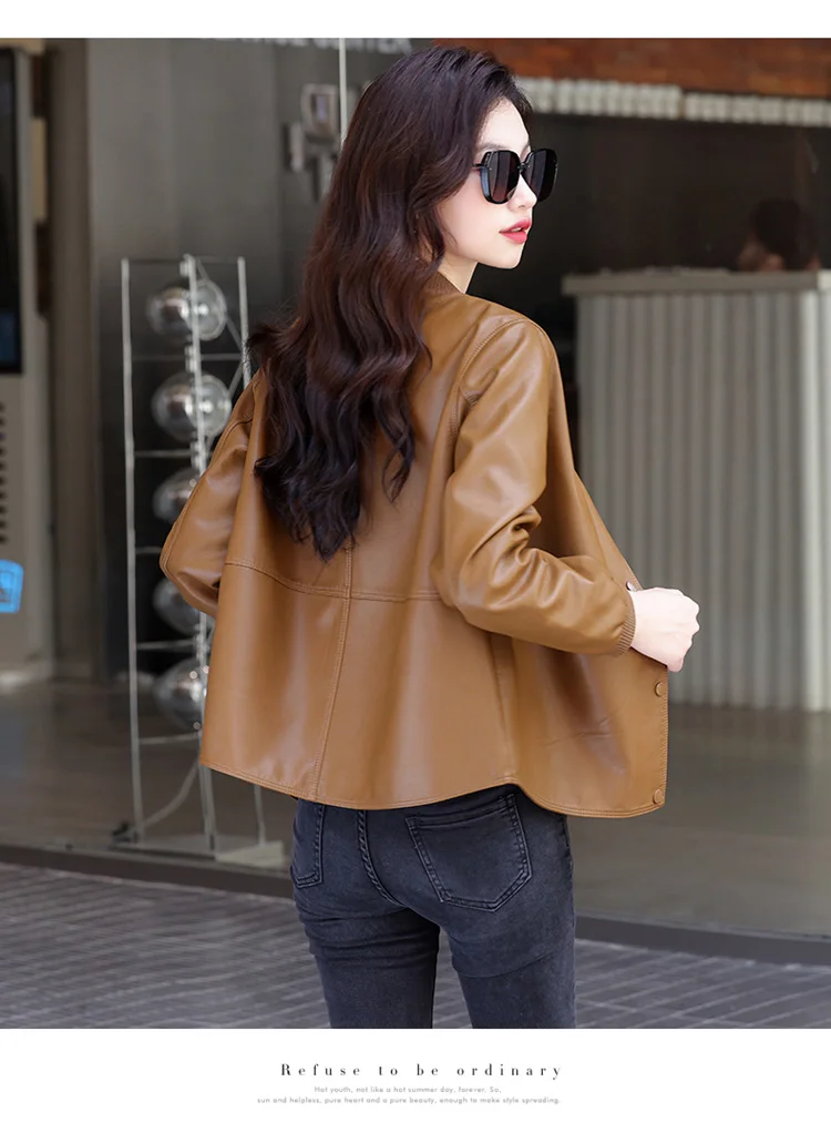 New Women Casual Leather Jacket Spring Autumn Fashion Patchwork V-Neck Single Breasted Loose Short Outerwear Split Leather