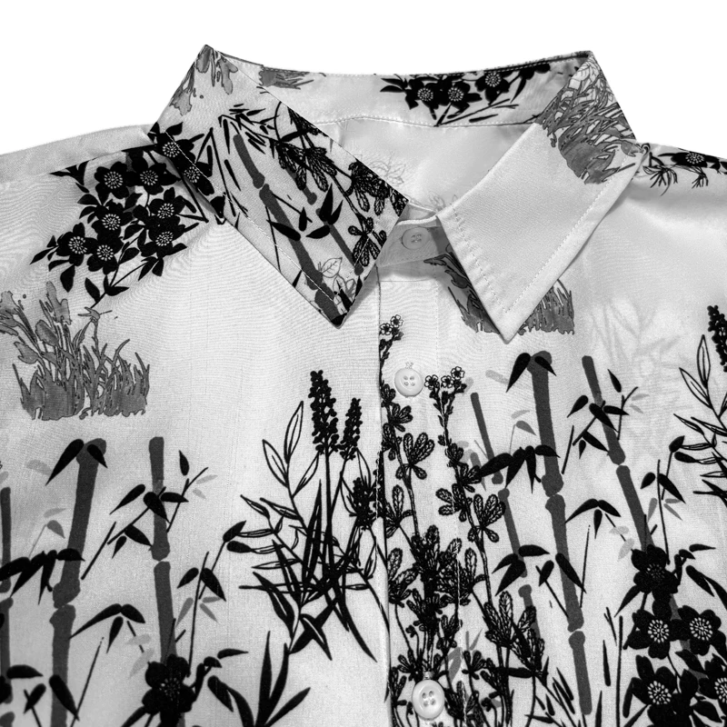 Men's Casual Collared Short Sleeve Floral Shirt Tropical Fashionable Ink Wash Bamboo Printed Top