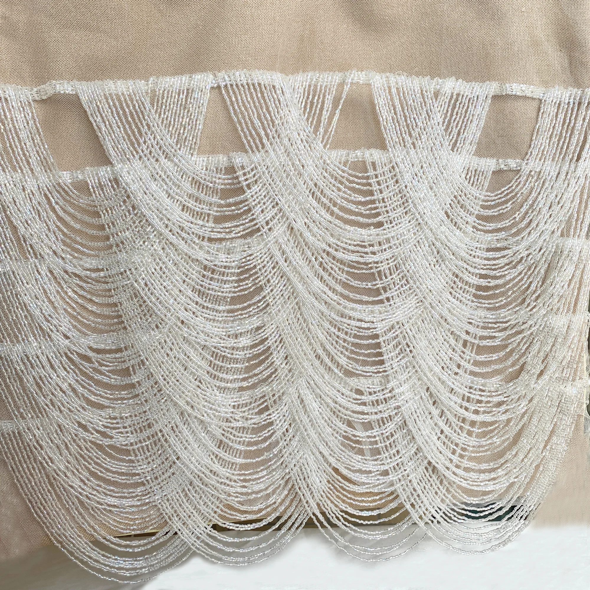 Clear White 5 Stripes Beads Wave Tassel Fringe Sewing Mesh Lace For Fashion Dresses Wedding Party Evening Accessories Patch